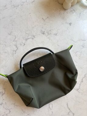 Longchamp Mini Tote in Olive Green with Black Trim and Neon Accents